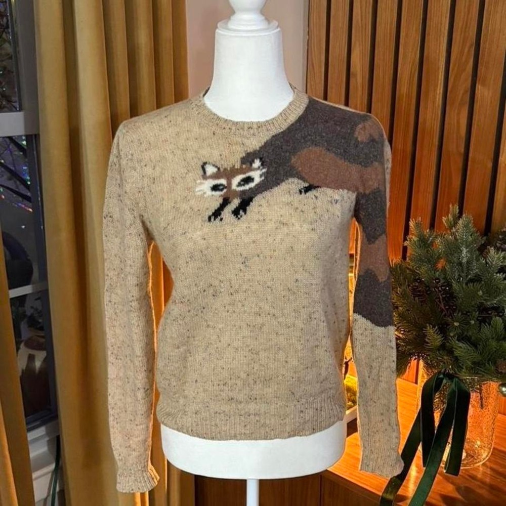 Vtg 90s Susan Bristol Wool Blend Raccoon Intarsia Sweater Oatmeal Beige Size 38
